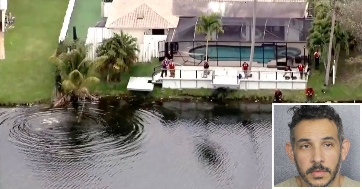 Jean Carlos Aponte (Broward County Jail) and authorities searching the water behind his home after he allegedly killed his wife and toddler (WSVN screenshot)