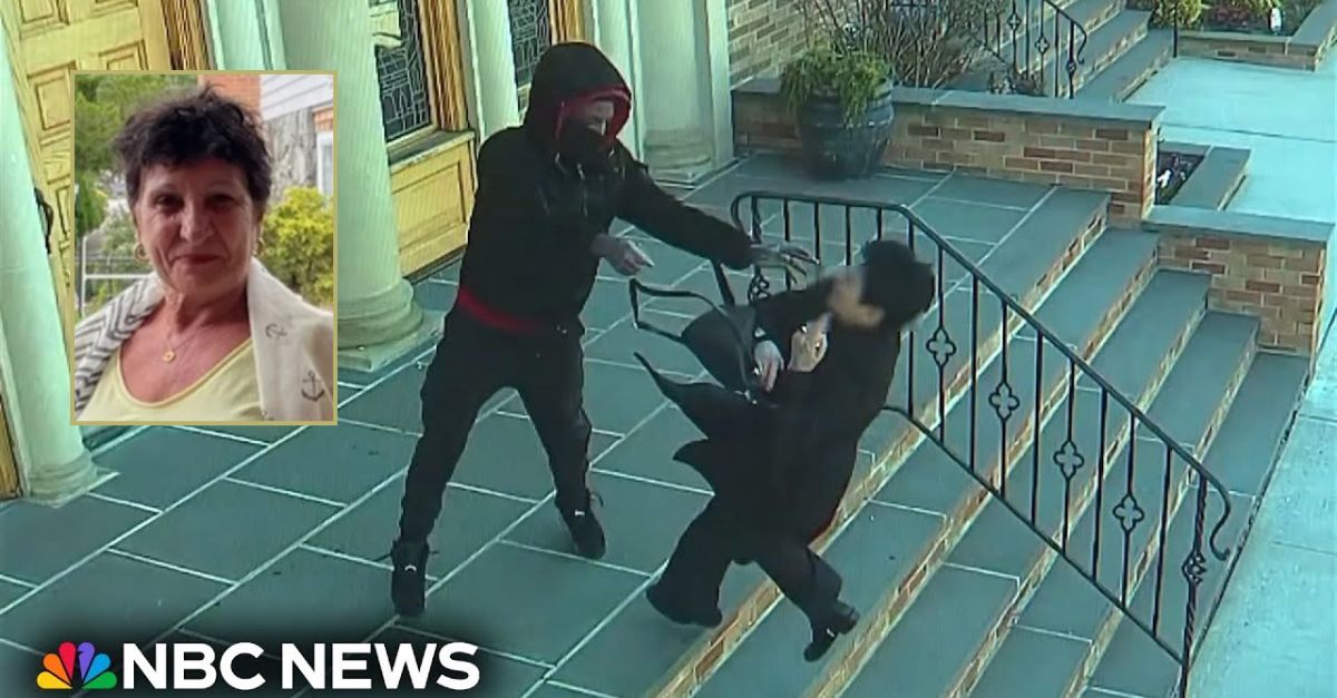 A 16-year-old boy is seen in a surveillance video shoving a 68-year-old woman down the steps of a New York church. (Screenshot from NBC News/YouTube; victim