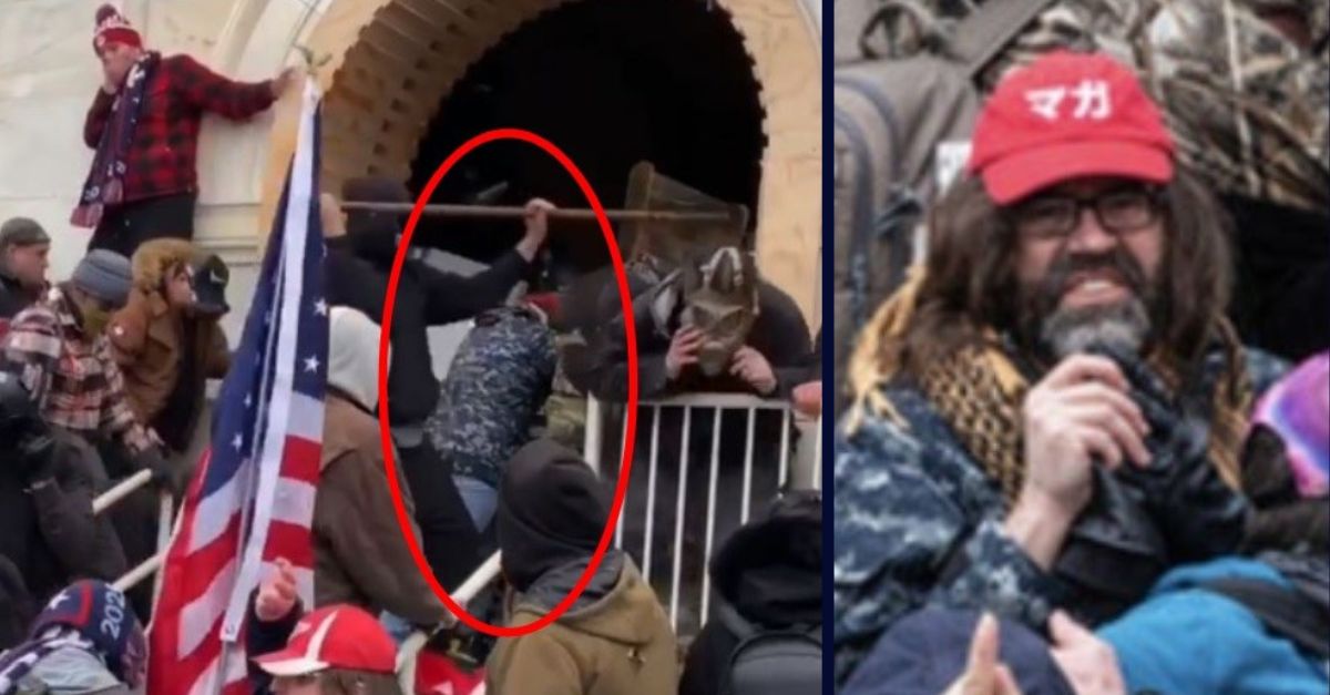 Left: A Justice Department provided photo shows Matthew DaSilva just visible in the middle of the fray at the tunnel at the U.S. Capitol. His red hat peeks between the mob that rushed the entry point./Right: Matthew DaSilva.