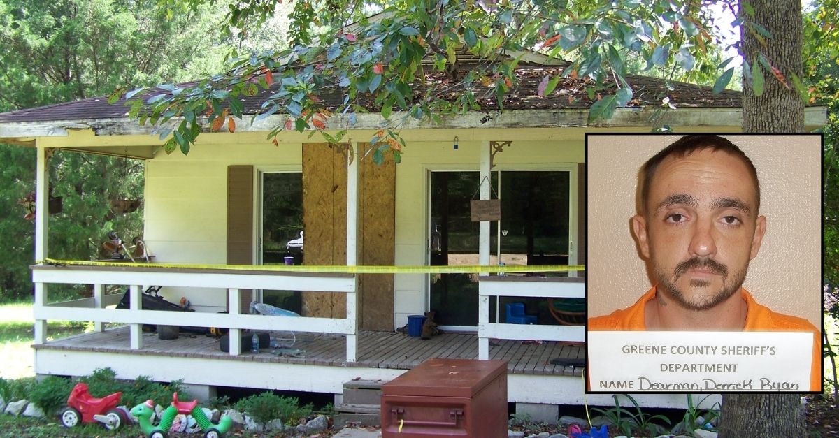 Background: Crime scene tape marks the home on Jim Platt Road near Citronelle, Ala., Sunday, Aug. 21, 2016, where authorities said five people were killed on Saturday. Police said that Derrick Dearman, 27, of Leakesville, Miss., has been taken into custody in connection with the murders. (John Sharp/AL.com via AP)/Inset: A photo provided by the Greene County Sheriff