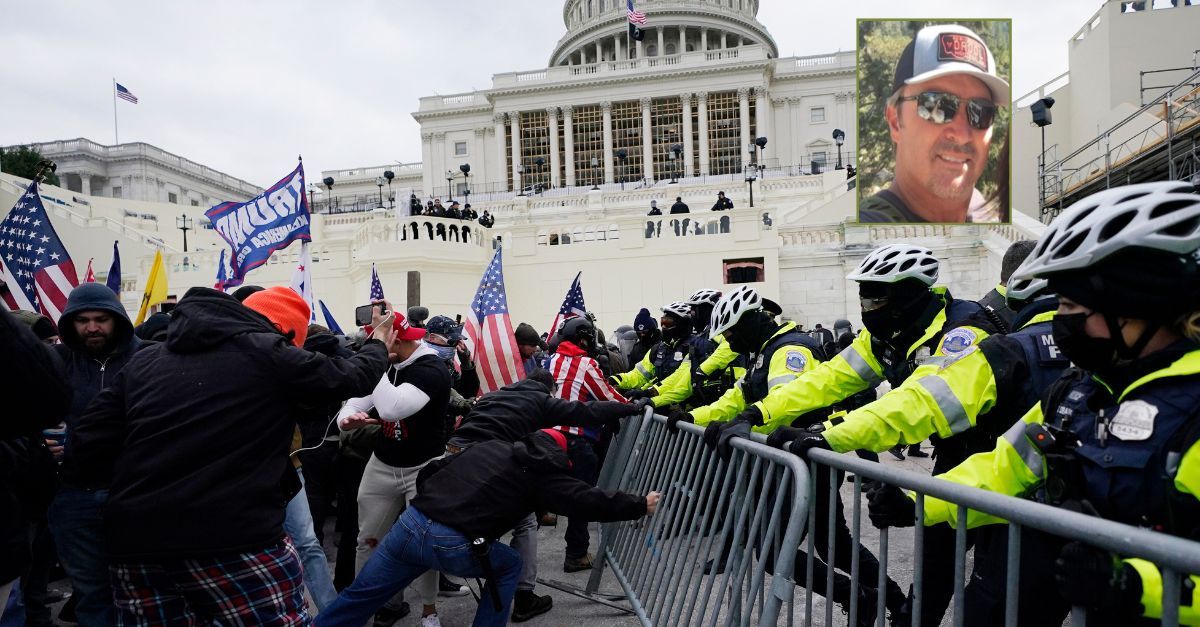 Four members of the 'Three Percenters' were sentenced to prison for their roles in the Jan. 6, 2021, insurrection. (Photo of Ronald Mele, inset, from Law&Crime file via GiveSendGo; Photo of the Jan. 6, 2021, riot at a police barrier at the Capitol is AP Photo/Julio Cortez, File)