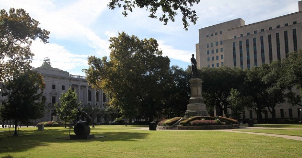 The John Minor Wisdom U.S. Court Building in New Orleans, on the left, in Lafayette Square North.