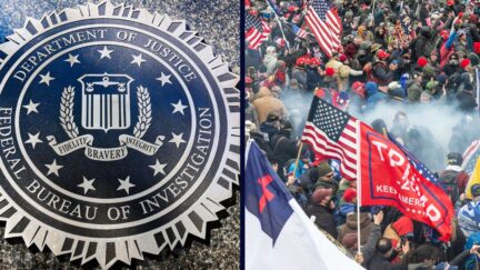 Left: Federal Bureau Of Investigation emblem is seen on the headquarters building in Washington D.C., United States, on October 20, 2022. (Photo by Beata Zawrzel/NurPhoto via AP)/Right: Pro-Trump protesters seen on and around Capitol building as smoke from grenade rises in Washington, DC on January 6, 2021. (Photo by Beata Zawrzel/NurPhoto via AP)