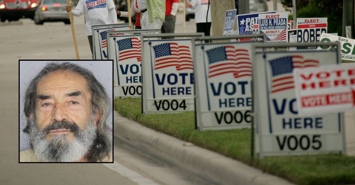 Background: Campaign workers man their positions outside a the Hollywood Beach, Fla. community center early Tuesday, Jan. 29, 2008 trying to get last minute votes. AP Photo/J. Pat Carter. /Inset: Amilcar De Jesus Noguera booking photo Florida Department of Corrections.