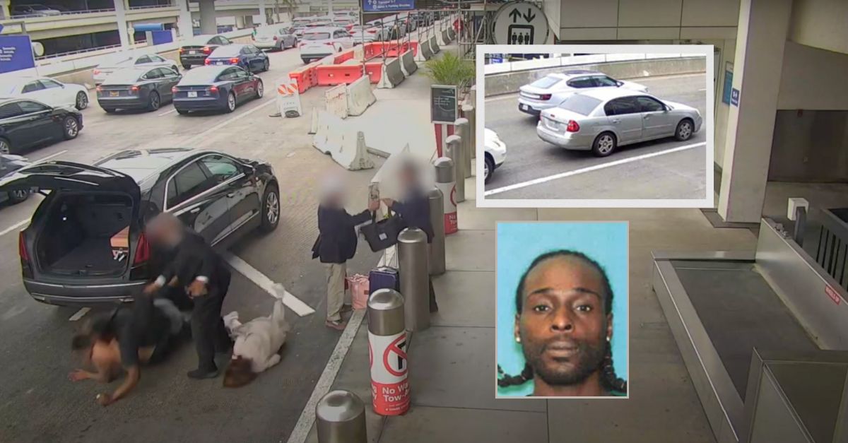 Police are seeking Jasan Givens Sr., bottom inset, in a road-rage incident in which he allegedly knocked over a woman while chasing a man at Los Angeles International Airport on May 31, 2024. Police believe he drove a silver Chevrolet sedan, top inset. (Images and screenshot from video from Los Angeles Police Department)