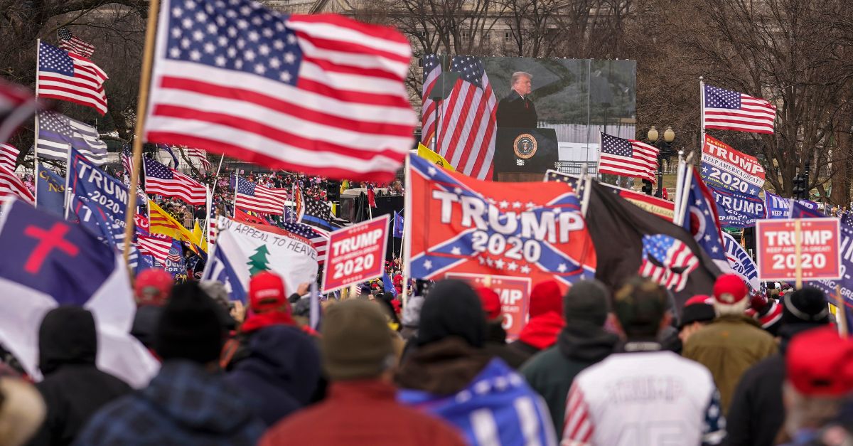 An Appeal To Heaven flag, center left, is pictured as people attend a rally in Washington, Jan. 6, 2021, in support of President Donald Trump. (AP Photo/Carolyn Kaster, File)