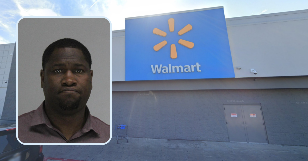 Keevis Holland took upskirt photos of women at this Walmart and punched a police officer who tried to arrest him, police say. (Mugshot: Dallas County; Store image: Google)