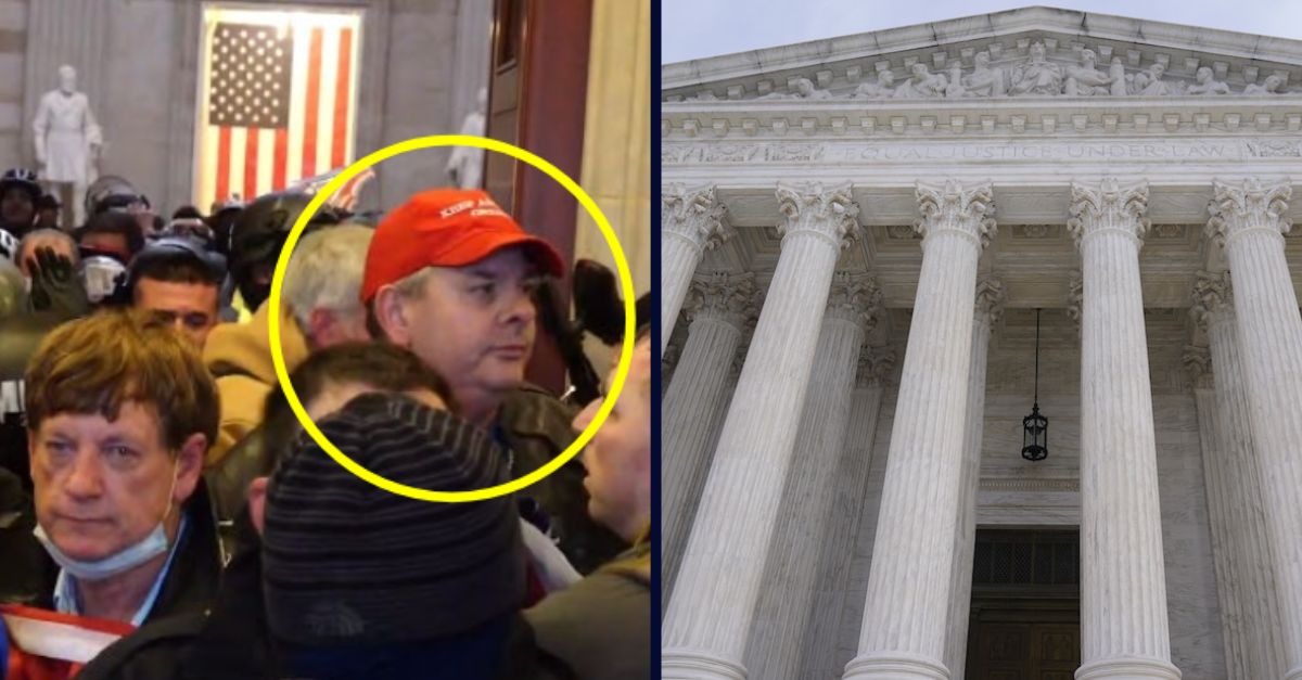 Left: John Nassif, circled in yellow, inside the U.S. Capitol on Jan. 6, 2021. Justice Department provided photos. Right: The U.S. Supreme Court on Wednesday, Jan. 19, 2022, in Washington, D.C. (AP Photo/Mariam Zuhaib)