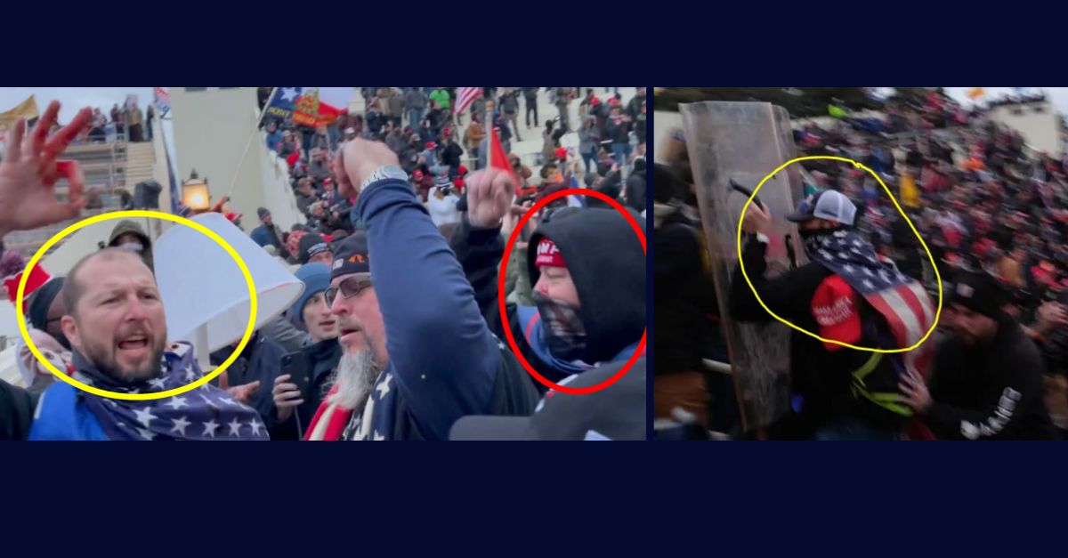 Left: Convicted rioter Adam Jackson, circled in yellow, makes an "OK" gesture with his hands outside of the Capitol on Jan. 6, 2021. Brian Jackson appears circled in red. Right: Adam Jackson uses a stolen police riot shield to push against a line of police officers defending the Capitol on Jan. 6 (Department of Justice).