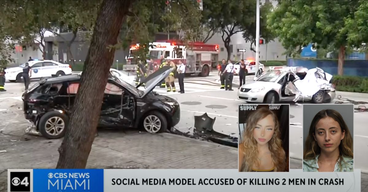 Inset: Maecee Marie Lathers. Background: The scene of the fatal accident in Miami that Lathers is believed to have caused (WFOR/YouTube).