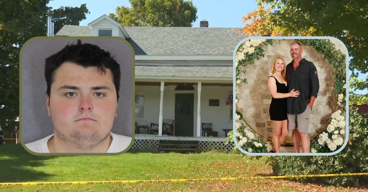 Left inset: Brian Crossman Jr. (Warren County Jail in New York). Right inset: Erica Crossman and Brian Crossman Sr. (Facebook). Background: The Crossman family home in Pawlet, Vermont (WRGB).