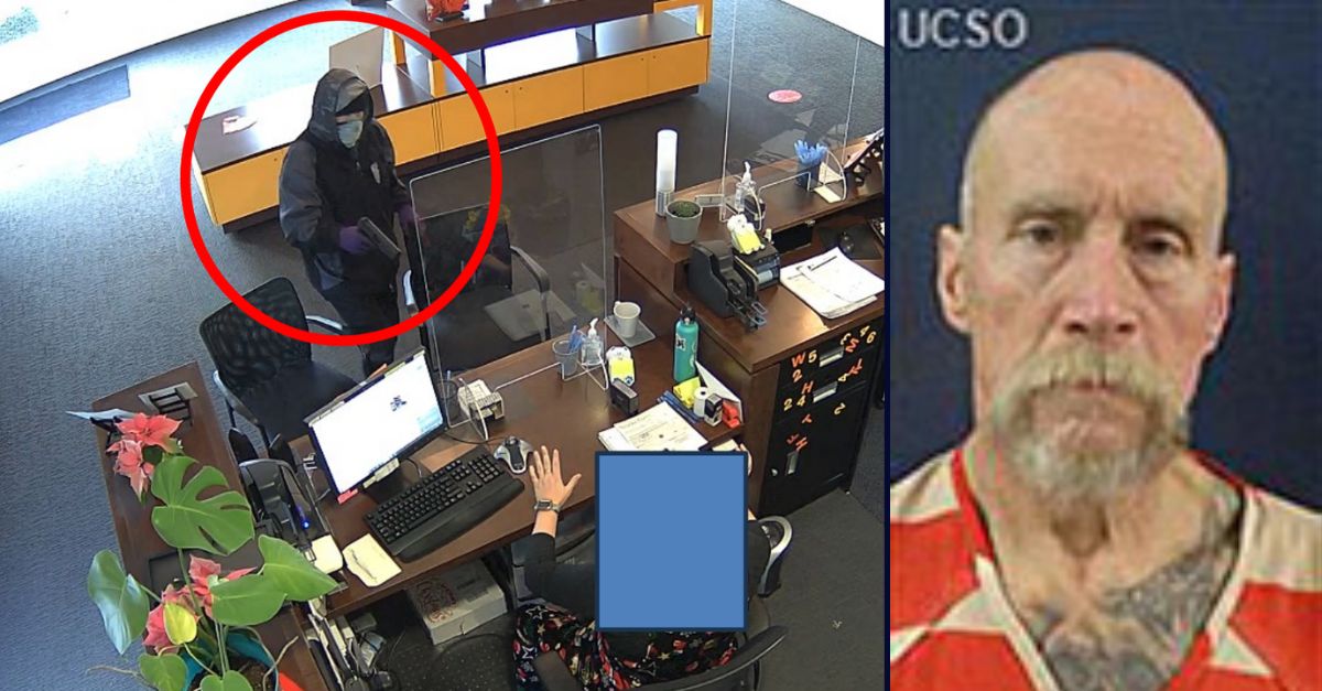 Clifford Uptegrove, robbing a bank on the left; in a booking photo on the right.