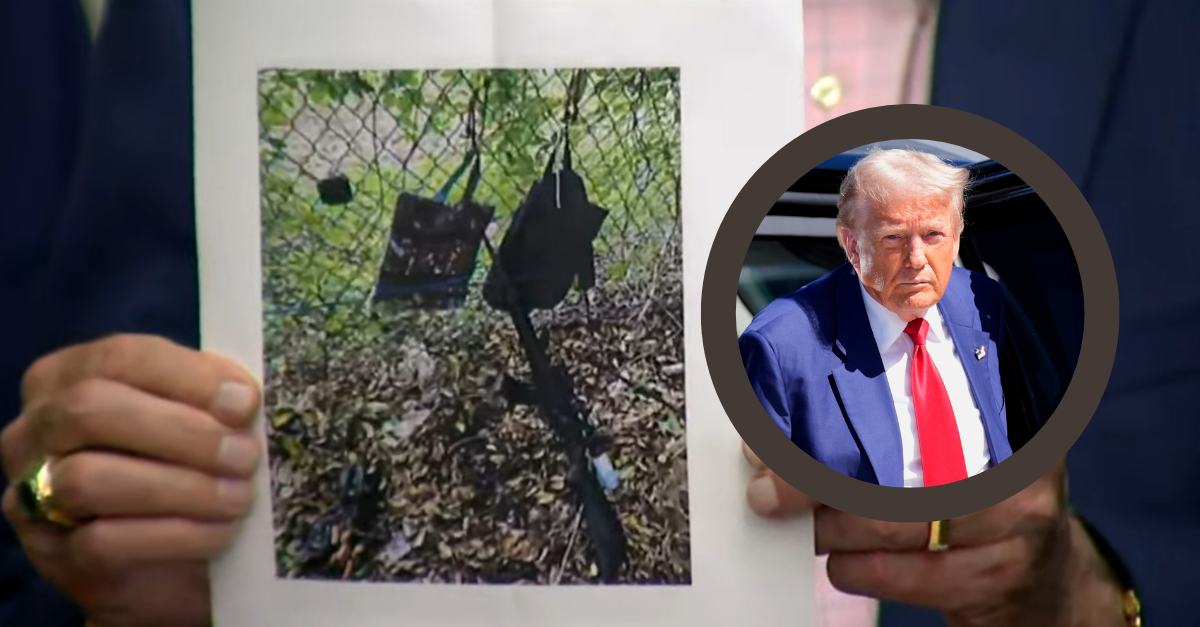Background: Picture of the rifle, two backpacks, and GoPro on Trump Intentional Golf Course on Sept. 15, 2024 (WOFL). Inset: Donald Trump (AP Photo/Alex Brandon).