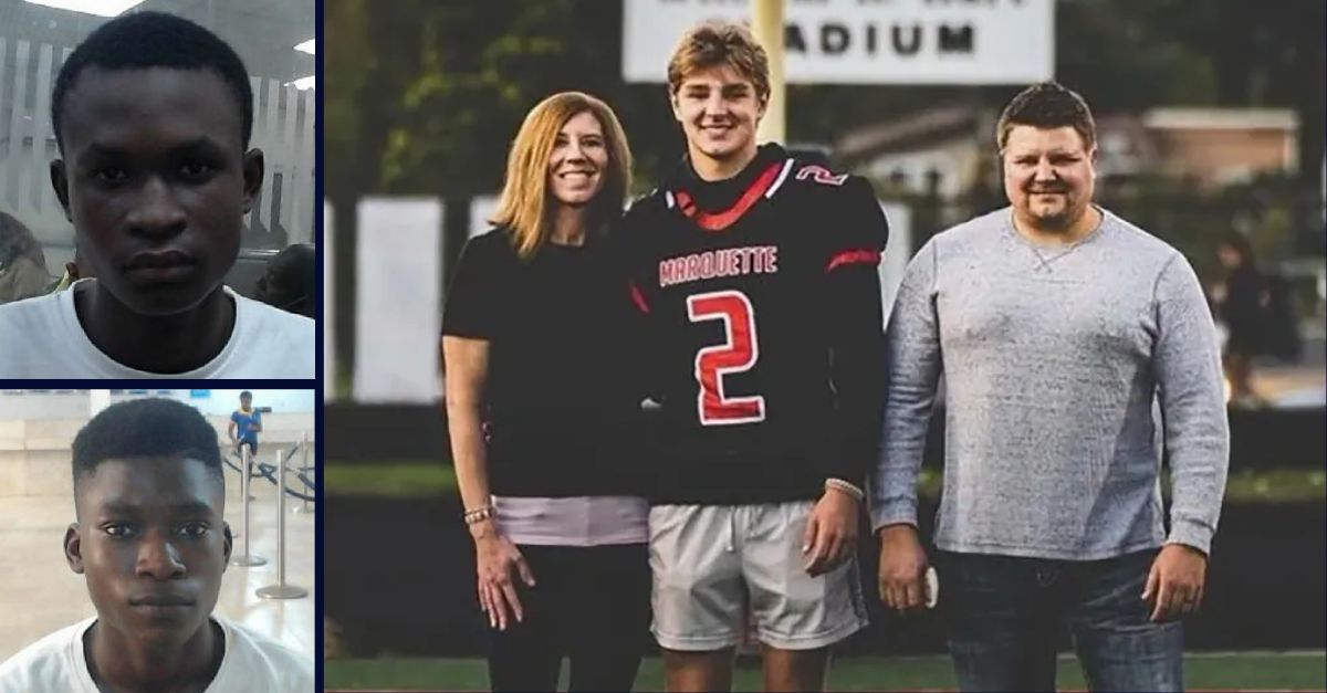 Left: Samson Ogoshi and Samuel Ogoshi (Economic and Financial Crimes Commission). Right: Jordan DeMay with his parents Jennifer Buta and John DeMay (GoFundMe).