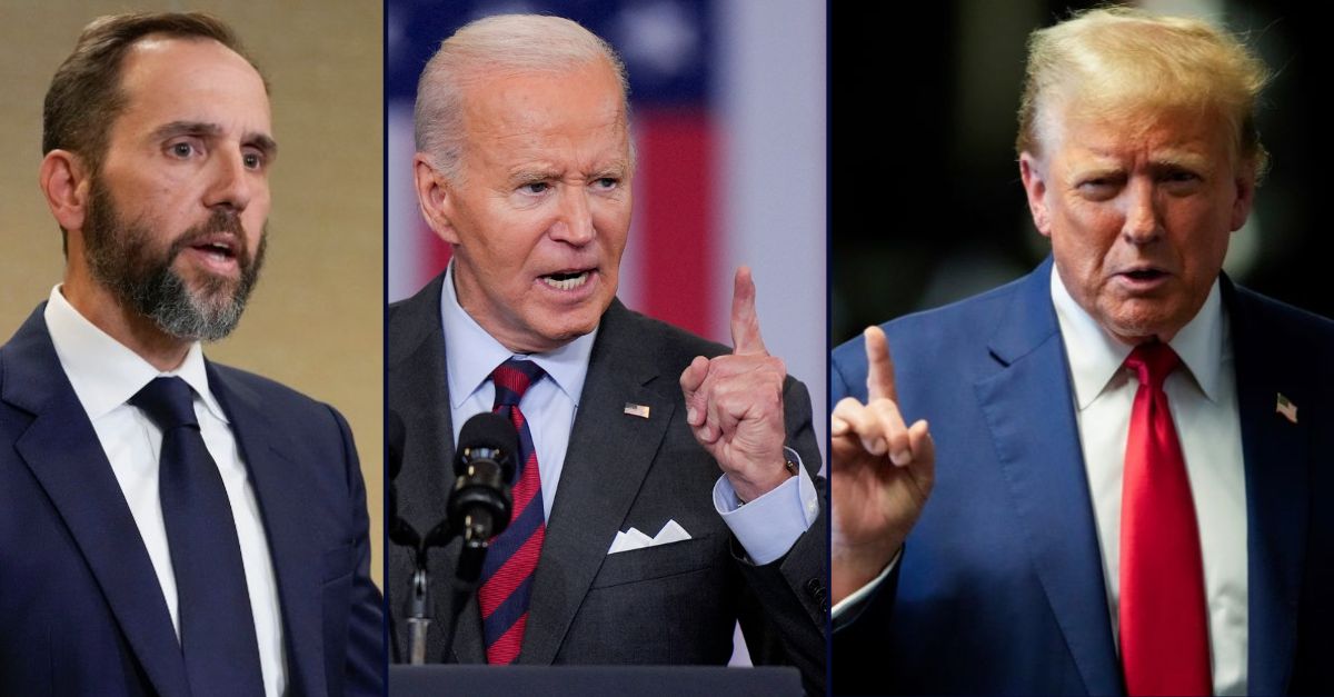 Jack Smith, on the left; Joe Biden, in the middle; Donald Trump, on the right.