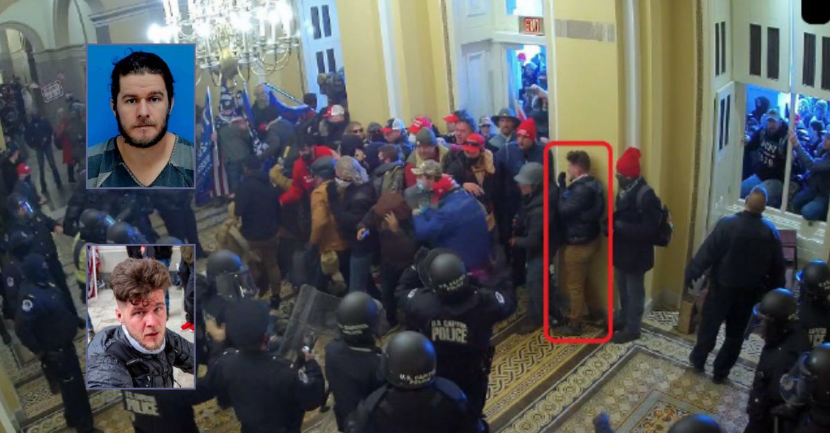 Top inset: David Paul Daniel's booking photo (Catawba County Sheriff's Office). Bottom inset: Daniel at the U.S. Capitol building on Jan. 6, 2021. (U.S. Attorney). Background: A screenshot shows Daniel inside the U.S. Capitol building on Jan. 6, 2021, authorities said. (U.S. Attorney).