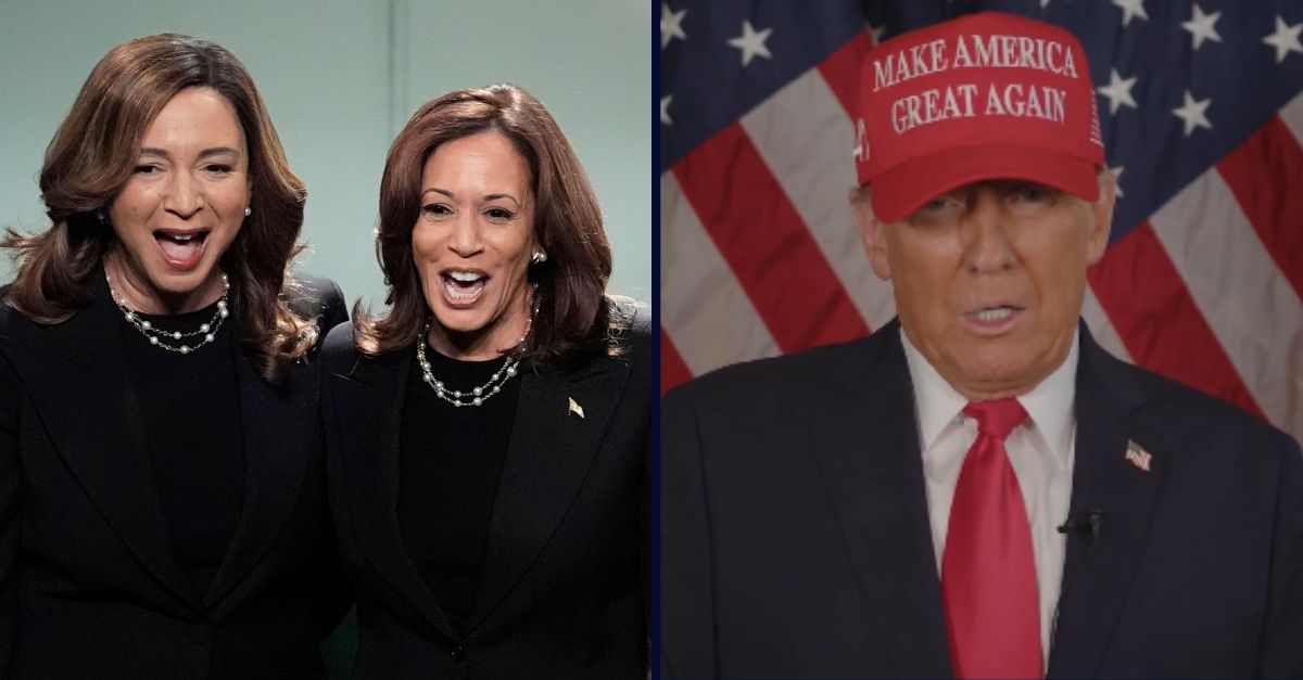 Left: Democratic presidential nominee Vice President Kamala Harris appears on NBC