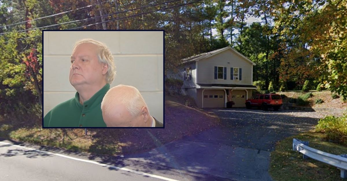 Richard Lombardi appears inset against an image of the home where he allegedly killed his roommate.