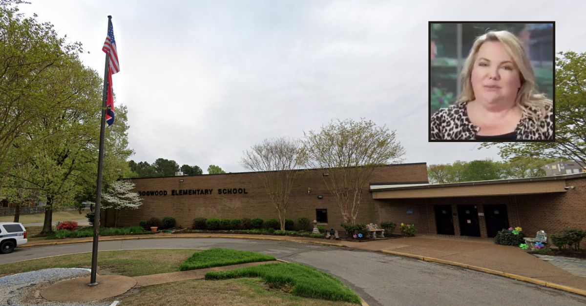 Background: Dogwood Elementary School, Germantown, Tenn. (Google Maps). Inset: Germantown Municipal School District principal Jessica Woody (Facebook).