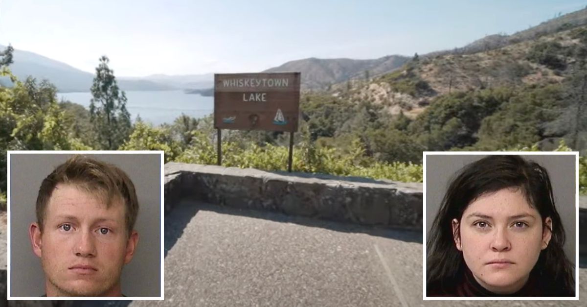 Inset, left to right: Riley Royal and Amanda Royal (Shasta County Jail). Background: The area where the authorities say the Royals buried their toddler (YouTube).