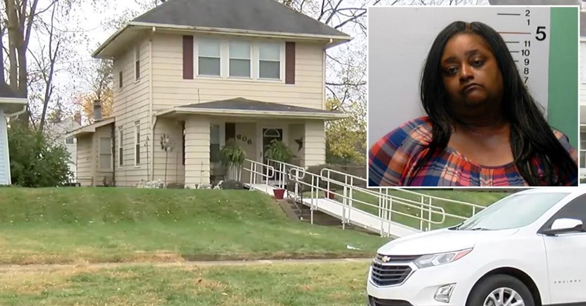 Inset: Mekeshia Lattimore (Middletown Police Department). Background: The house where Lattimore allegedly killed her mother (WXIX).