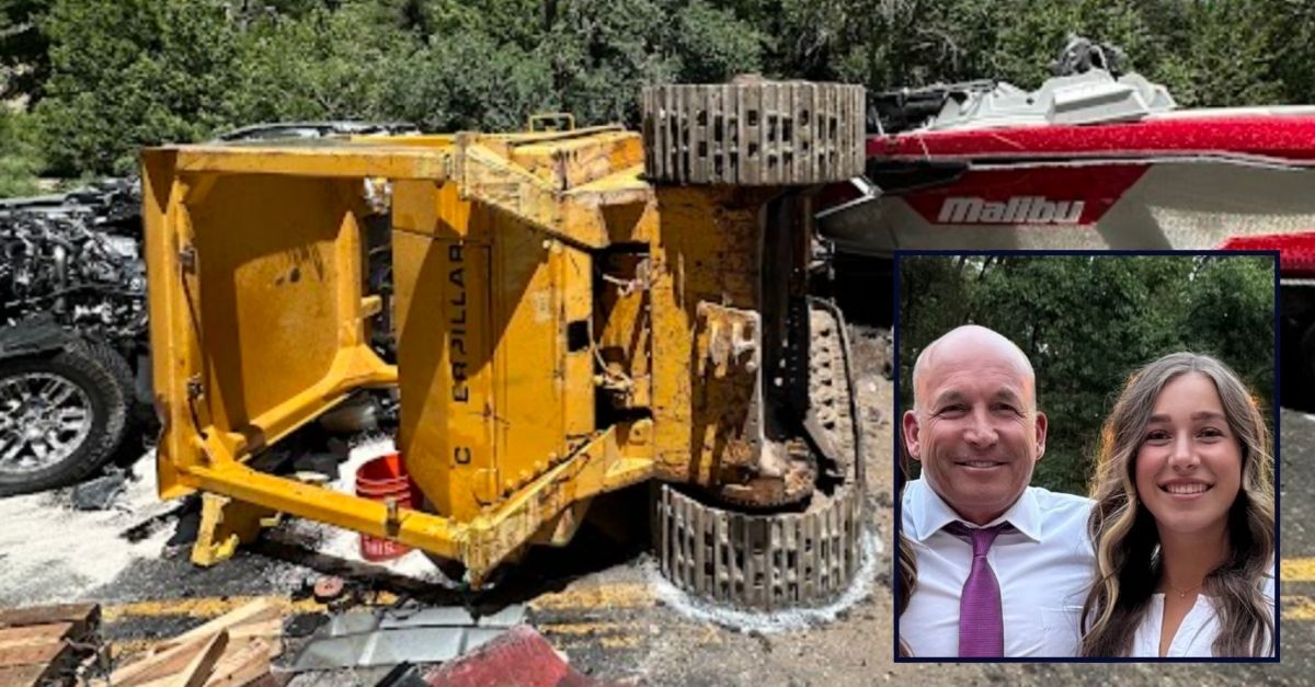 Inset: Utah CEO Richard Hendrickson and his daughter Sally Hendrickson (Lifetime Store/Facebook). Background: The Ogden Canyon crash scene where Richard and Sally Hendrickson died (Utah Highway Patrol).