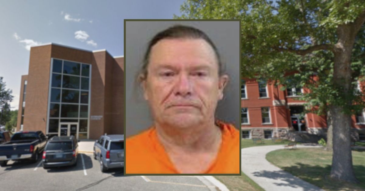 Timothy Scouton mugshot against backdrop of Hubbard County Courthouse