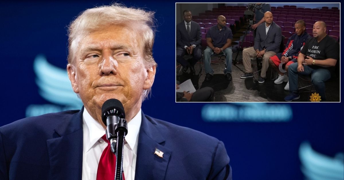 Inset, left to right: Yusef Salaam, Antron McCray, Korey Wise, Kevin Richardson, Raymond Santana (CBS Sunday Morning). Background: Donald Trump speaks at the annual Road to Majority conference in Washington, DC, June 22, 2024. (Allison Bailey/NurPhoto via AP)