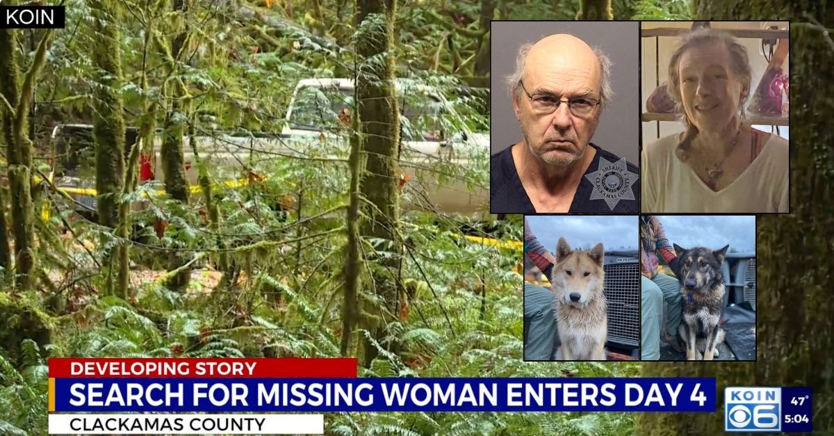 Insets: Michel Fournier, Susan Lane-Fournier and her two dogs (Clackamas County Sheriff’s Office). Background: Susan Lane-Fournier