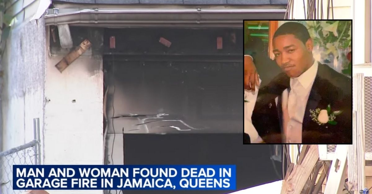 Background: The garage in Queens where Edward Jacobs was killed in a fire last month (WABC/YouTube). Inset: Edward Jacobs (Coppola-Migliore Funeral Chapel). 