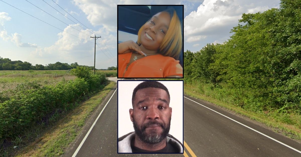 Inset top: Taterea McGuire (Facebook). Inset bottom: LeDarren Tilley (Tarrant County Jail). Background: A stretch of road in Garland, Tex., in the area where McGuire