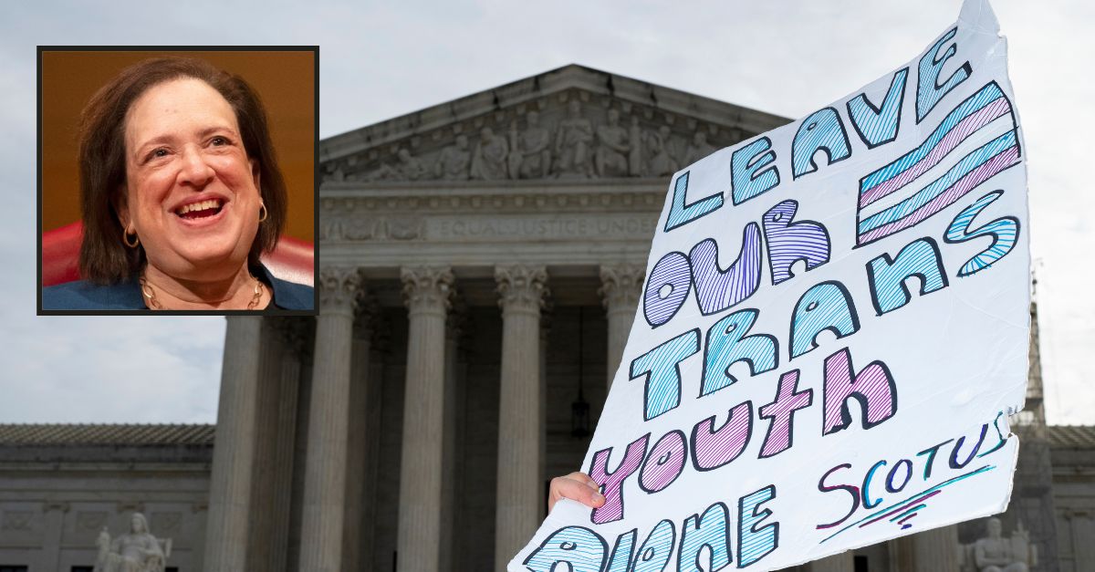 Background: UNITED STATES - DECEMBER 4: Activists for and against trans rights protest outside the U.S. Supreme Court before the start of the United States v. Skrmetti case on Wednesday, December 4, 2024 (Bill Clark/CQ Roll Call via AP Images). Inset: U.S. Supreme Court Justice Elena Kagan speaks during an event at the Library of Congress for the 2024 Supreme Court Fellows Program hosted by the Law Library of Congress, Thursday, Feb. 8, 2024, in Washington (AP Photo/Jess Rapfogel).