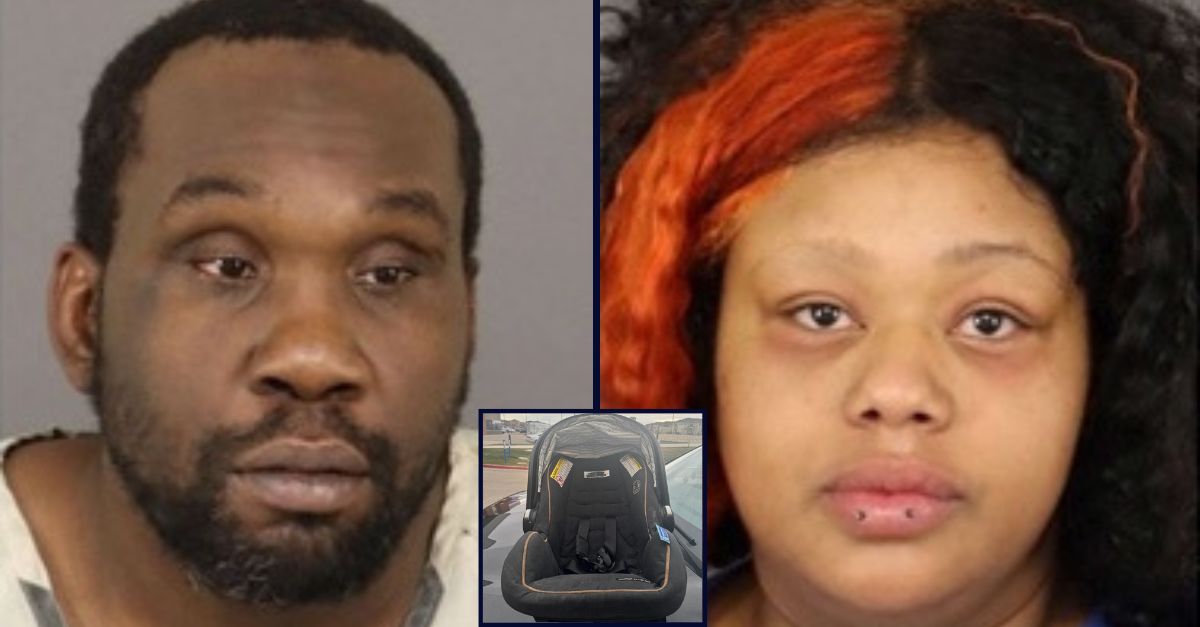 Main, left to right: Jarvis Sims and Christina Thurman. Inset: The carseat Sims and Thurman allegedly abandoned their son in (Adams County Sheriff's Office).