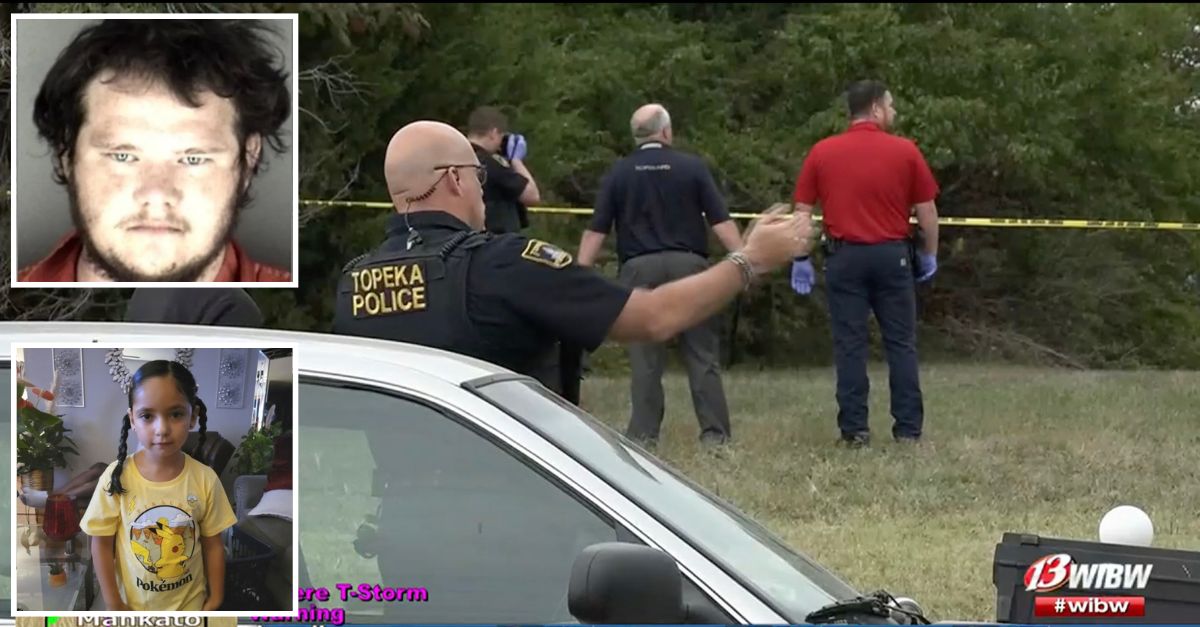 Inset, top to bottom: Mickel Cherry (Shawnee County Jail) and Zoey Felix (WIBW). Background: Police at the scene where Cherry killed Zoey (WIBW).