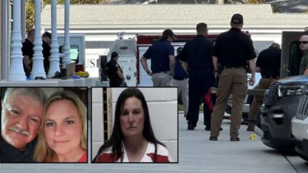Insets: James Ray Saucier and his estranged wife Tanya Saucier (Facebook/Lenoir Rowell Criminal Justice Center). Background: The courthouse where James Saucier was allegedly killed by Tanya Saucier (WLOX/YouTube).