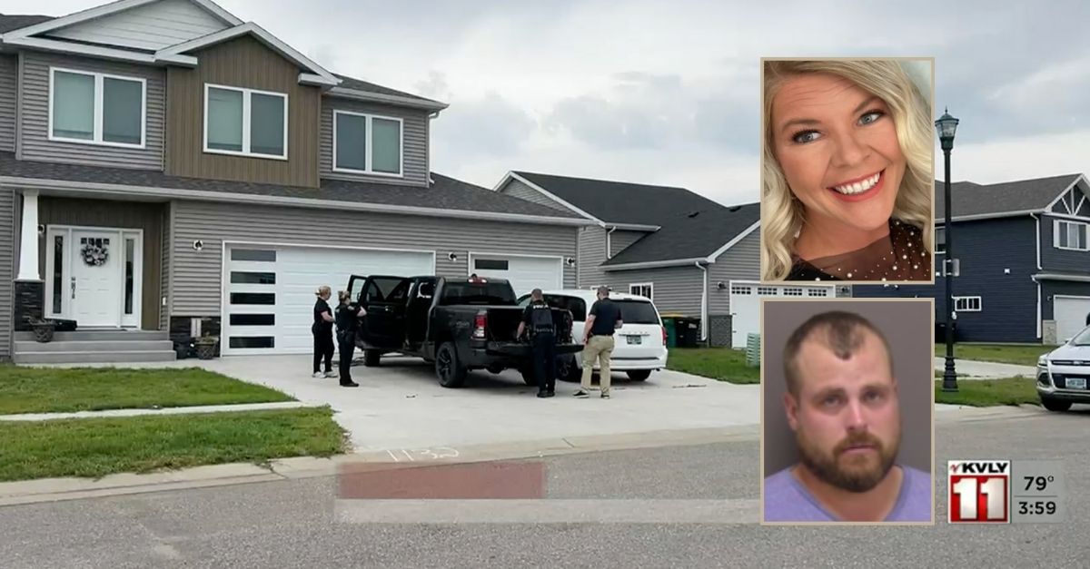 Top inset: Sonja Moen (West Funeral Home). Bottom inset: Spencer Moen (Cass County Jail). Background: the location where Sonja Moen was killed (KVLY).