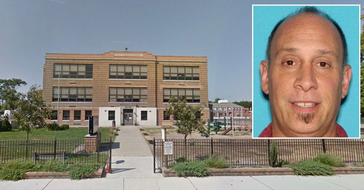 Inset: Todd J. Lewis (Pompton Lakes Police Department). Background: Lenox Elementary School, where Lewis allegedly taped a student to his desk (Google Maps).