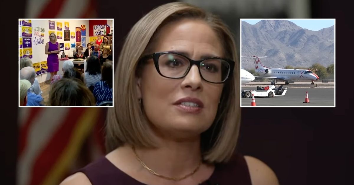 Background: Arizona Sen. Kyrsten Sinema (KVOA/YouTube). Left inset: Sen. Kyrsten Sinema campaigning (KPNX/YouTube). Right inset: Private jets taking off from an airport in Scottsdale, Arizona (KPHO/YouTube).