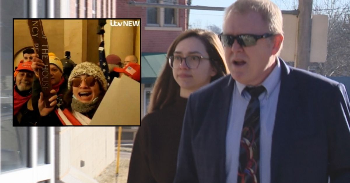 Background: Emily Hernandez arrives at the Court in Franklin County, Missouri (KSDK/YouTube). Inserted: Emily Hernandez at US Capitol under Riot 6 January (Department of Justice). 