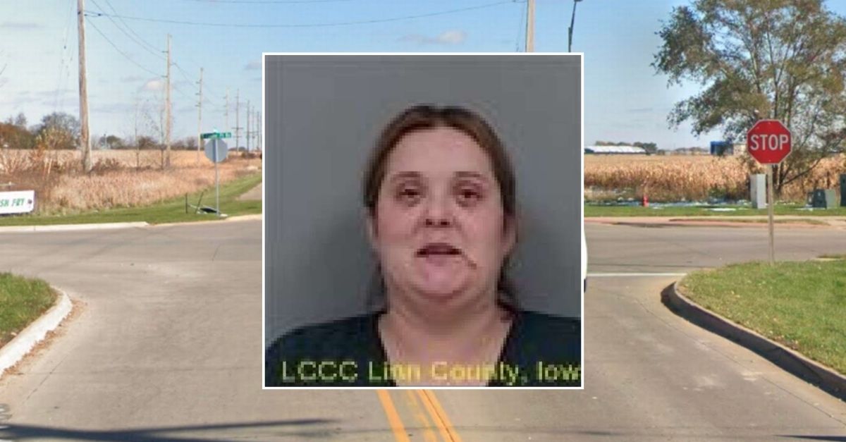 Inset: Heather Perez Miranda (Linn County Correctional Center). Background: The area in Hiawatha where Miranda Perez allegedly abandoned two young kids (Google Maps).