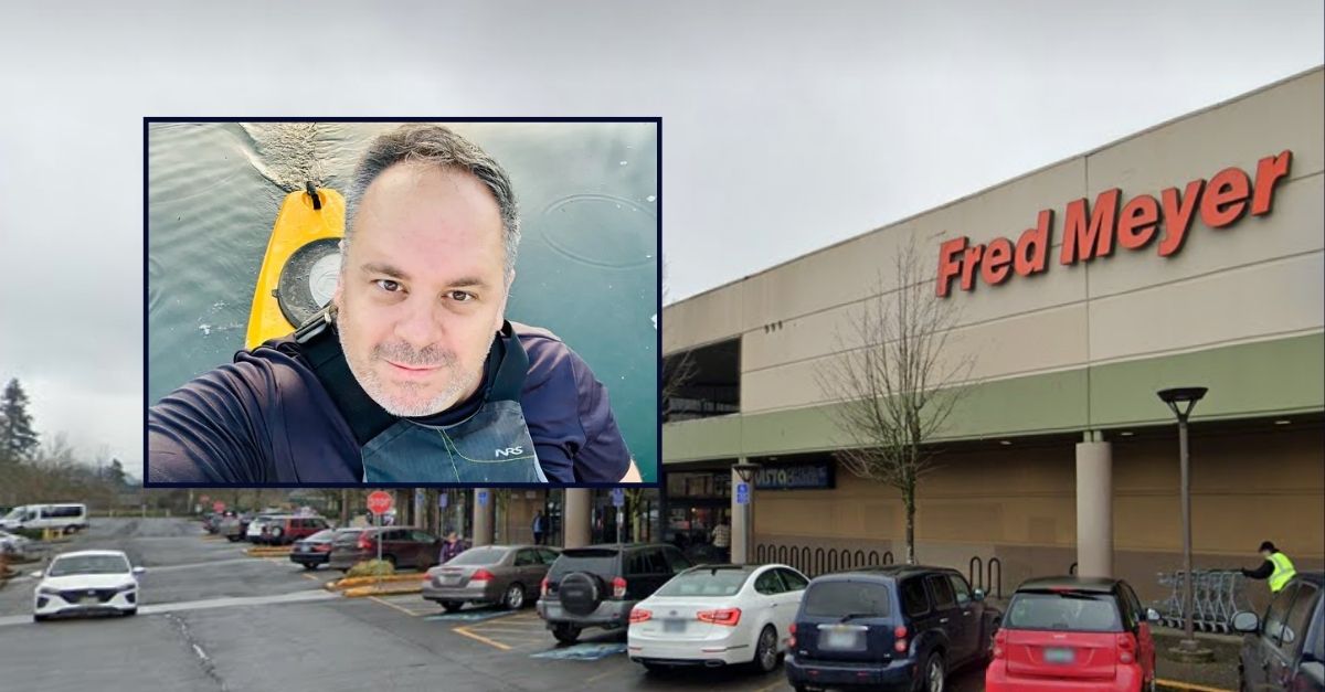 Jonathan Trent appears inset against an image of the Fred Meyer where he was shot and killed.