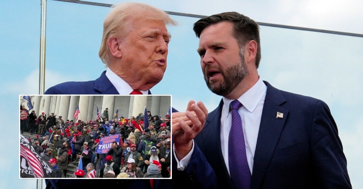 Background: Donald Trump and Sen. JD Vance, R-Ohio, stand on stage at a campaign rally at North Carolina Aviation Museum, Wednesday, Aug. 21, 2024, in Asheboro, N.C. (AP Photo/Julia Nikhinson). Inset: Jan. 6 rioters during the 2021 Capitol attack (Department of Justice).