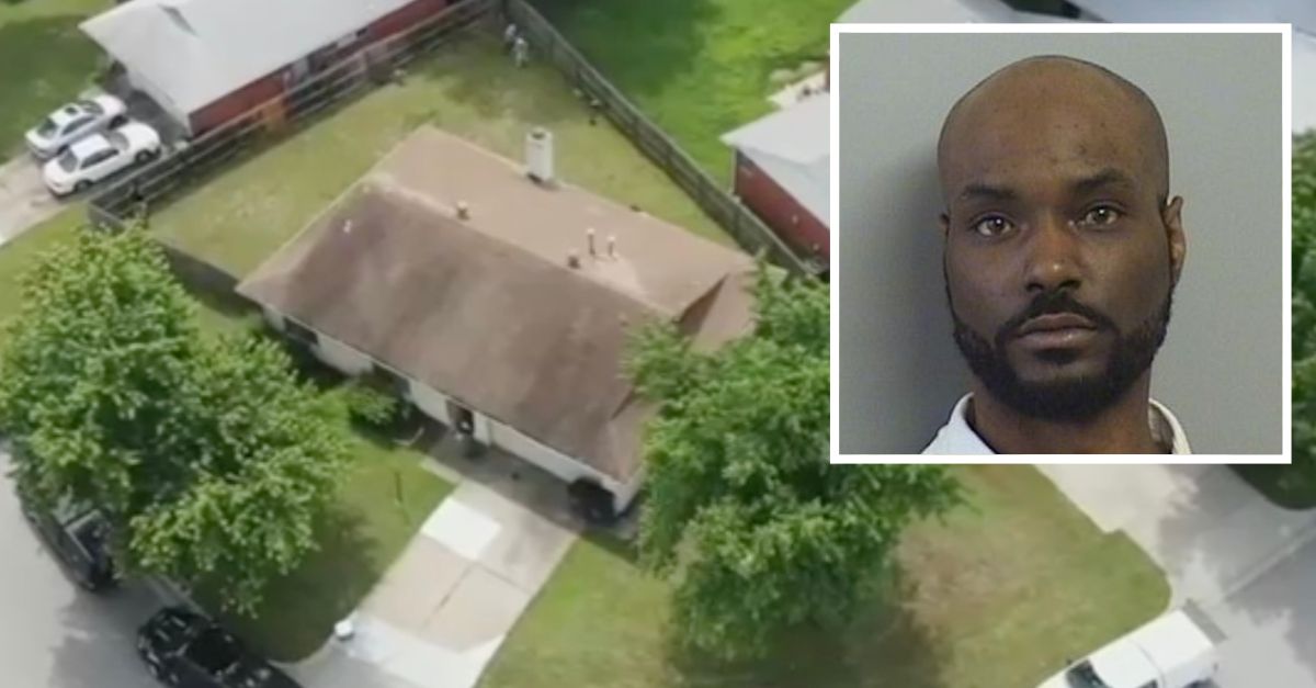 Inset: John L. Miles III (Tulsa County Jail). Background: The home where he abused his stepchildren, killing 10-year-old Orlando Hugger Jr. (KWTV).