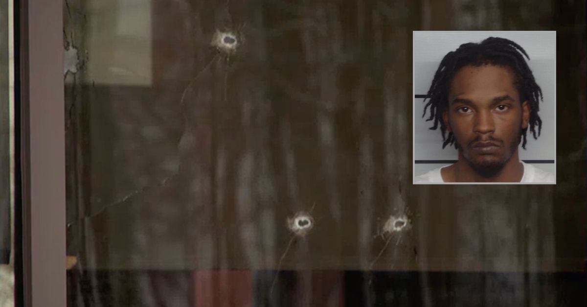 Inset: Monjah James-Wooten (Louisville Metro Corrections). Background: Bullet holes pierced windows at a Wendy's where a shooting occurred on Jan. 6, 2025 (WAVE).