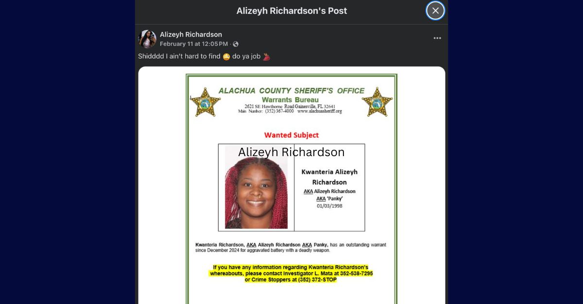 A Facebook user identified as Alizeyh Richardson shares a sheriff's office's post with a sarcastic caption.