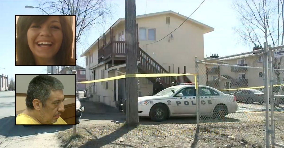 Inset: Armando Velador-Padilla (KTUU). Darla Velador (KTUU). Background: The location where the murder happened (KTUU).