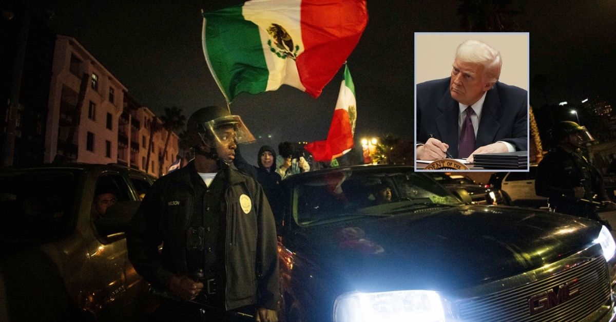 Inset: President Donald Trump signs an executive order at an indoor Presidential Inauguration parade event in Washington, Monday, Jan. 20, 2025. (AP Photo/Matt Rourke). Background: Police face off with demonstrators during an immigration rights protest Monday, Feb. 3, 2025, in Los Angeles. (AP Photo/Ethan Swope).