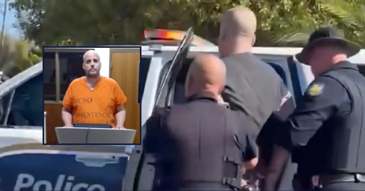 Background: Christopher Eaves arrested on March 21, 2025. Inset: Eaves in court on March 22, 2025. (KSAZ)