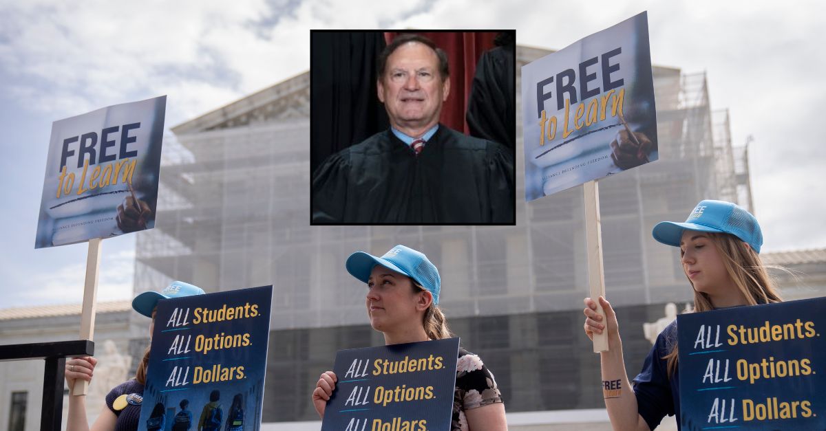  Supporters of charter schools rally extracurricular  of the Supreme Court connected  Wednesday, April 30, 2025, successful  Washington. (AP Photo/Mark Schiefelbein); Inset: Associate Justice of the Supreme Court Samuel Alito. (Alex Wong/Getty Images.)