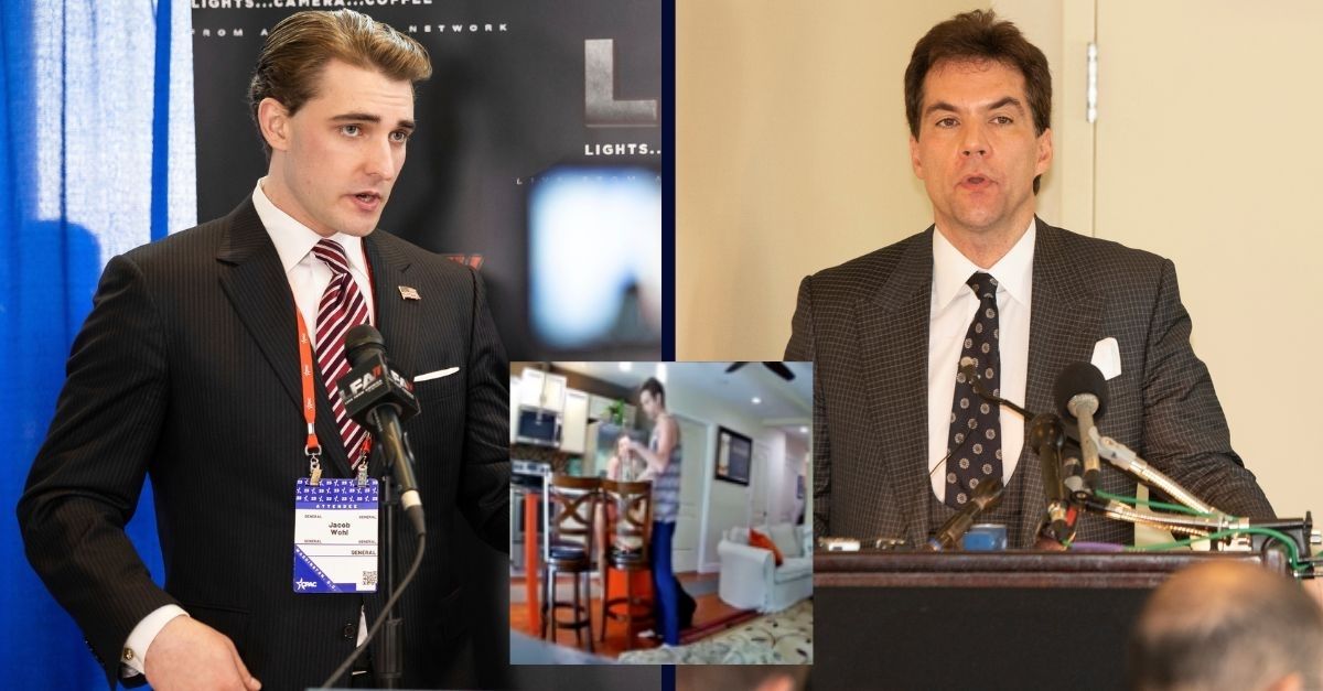 Background left: Conservative conspiracist Jacob Wohl gives an interview at the Conservative Political Action Conference (CPAC) at the Gaylord National Resort and Convention Center in National Harbor, Md., March 2, 2023. (Francis Chung/POLITICO via AP Images). Background right: NOV 1, 2018 : Jack Burkman speak to the media about alleged allegations against Robert Mueller at the Holiday Inn in Rosslyn Va. (Credit Image: © John Middlebrook/CSM via ZUMA Wire) (Cal Sport Media via AP Images). Inset: Tom Birner is seen on hidden camera video on the YouTube sting show "Predator D.C." (YouTube)